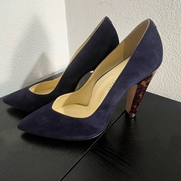 Sarah Flint Navy Suede Pumps w/Leopard Heel - Picture 1 of 7